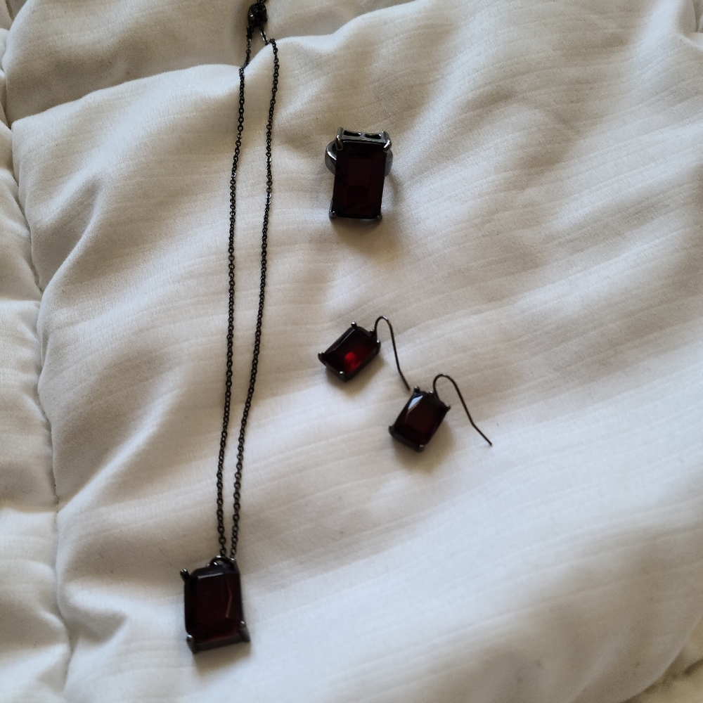 Set of Red and Gunmetal Ring, Necklace & Earrings